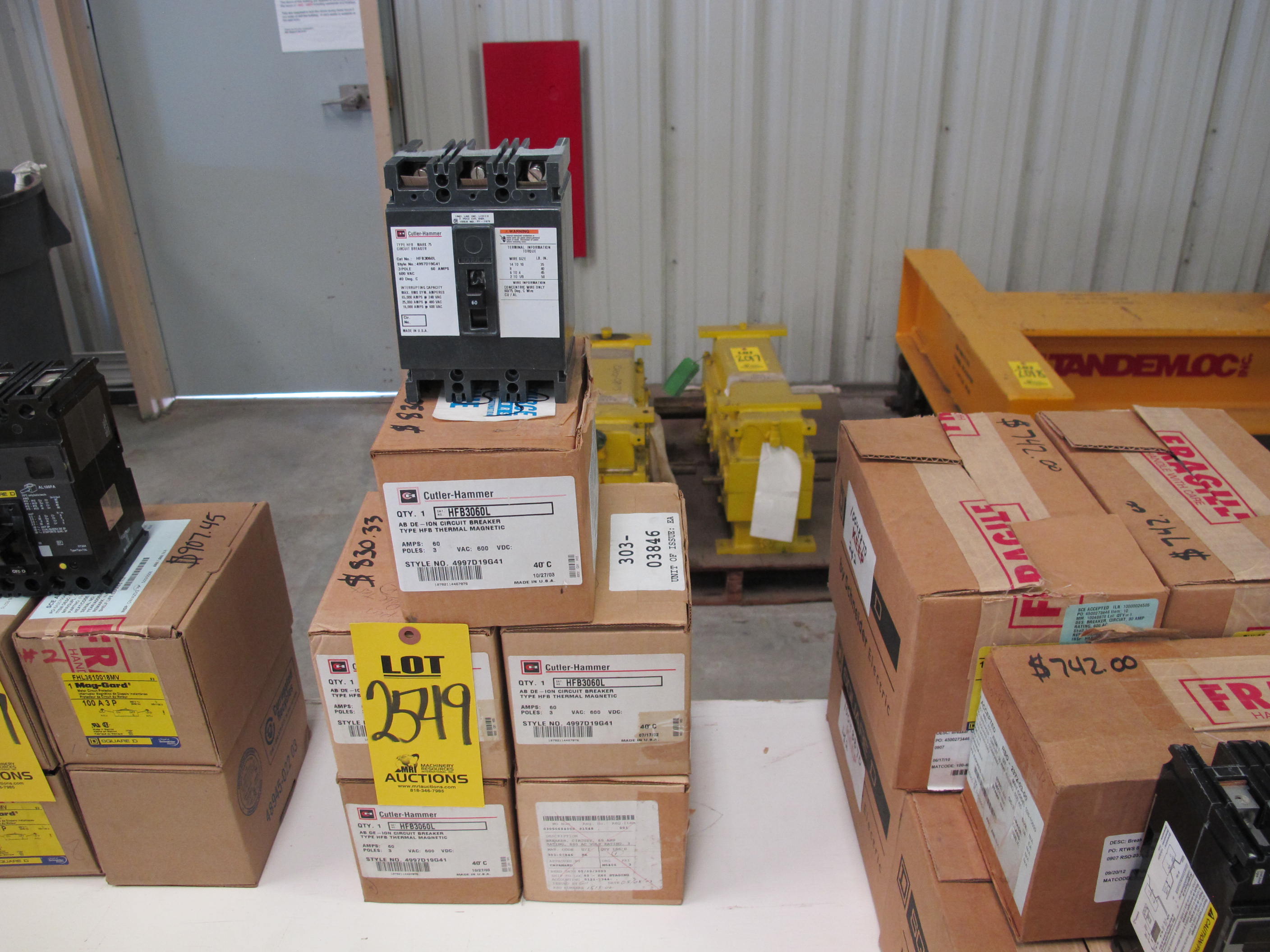 LOT (5) BREAKERS, CIRCUIT TYPE, 60 AMP RATING, 600 AC VOLT RATING, 3 POLE, THERMAL MAGNETIC KIND. MOLDED CASE, MARK 75,AB DE-ION STATEMENT VENDOR IS AUTHORIZED MFR REPRESENTATIVE DOCUMENT MCCB IS DIRECTLY TRACEABLE TO MFR, PART # HFB3060L (W-44) LOADING & HANDLING FEE $5-